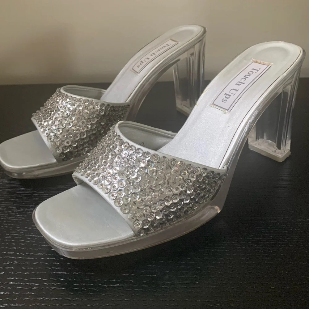 Vintage Silver Sequins High Heels with Clear Heels